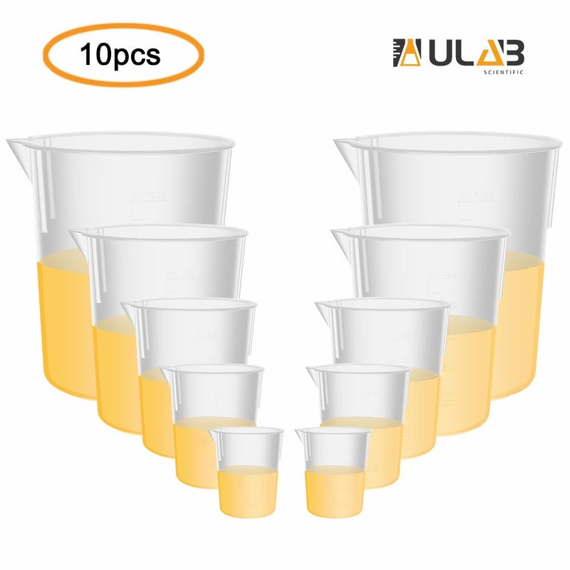 ULAB Scientific Plastic Beaker Set, 5 Sizes 50ml 100ml 250ml 500ml 1000ml, 2pcs for Each Size, Stackable with Spout, Molded Graduation, UBP1007 - Image 2
